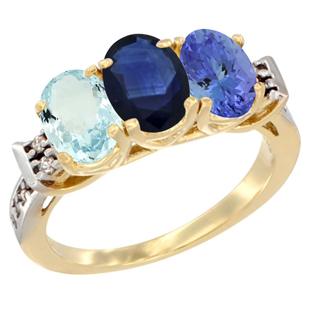 14K Yellow Gold Natural Aquamarine, Blue Sapphire &amp; Tanzanite Ring 3-Stone Oval 7x5 mm Diamond Accent, sizes 5 - 10