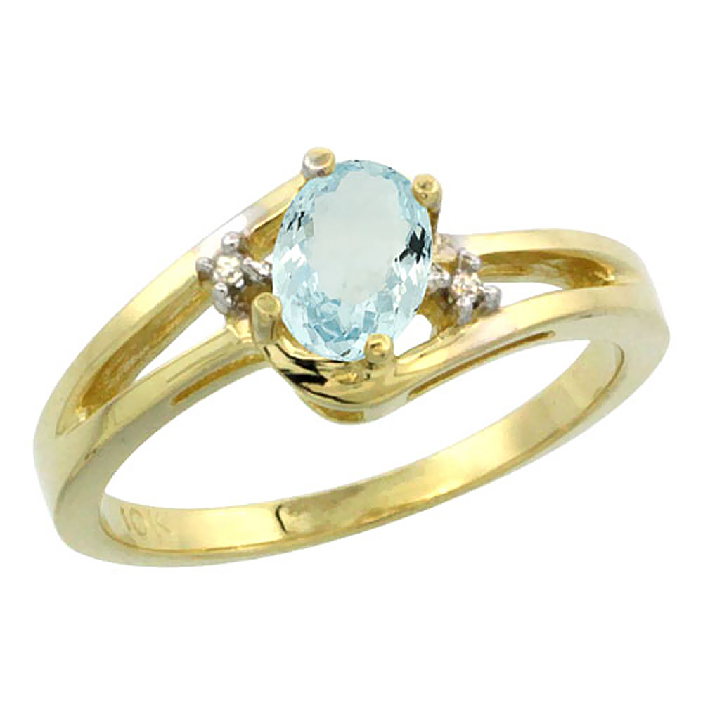 14K Yellow Gold Diamond Natural Aquamarine Ring Oval 6x4 mm, sizes 5-10