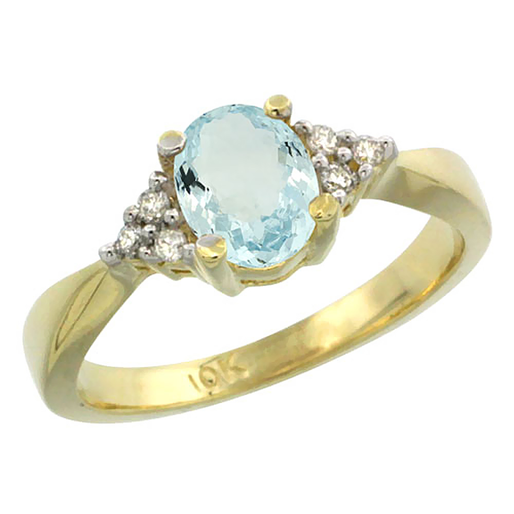 14K Yellow Gold Diamond Natural Aquamarine Engagement Ring Oval 7x5mm, sizes 5-10