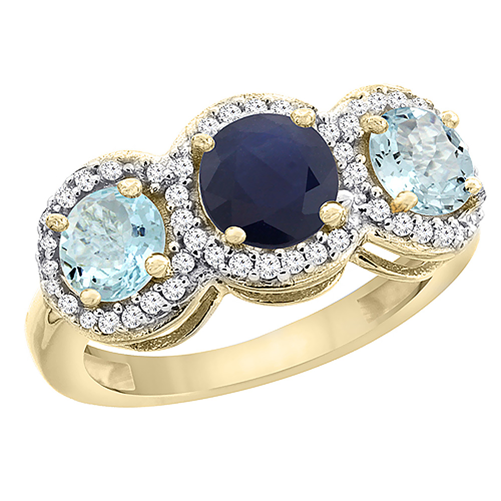 14K Yellow Gold Natural High Quality Blue Sapphire & Aquamarine Sides Round 3-stone Ring Diamond Accents, sizes 5 - 10
