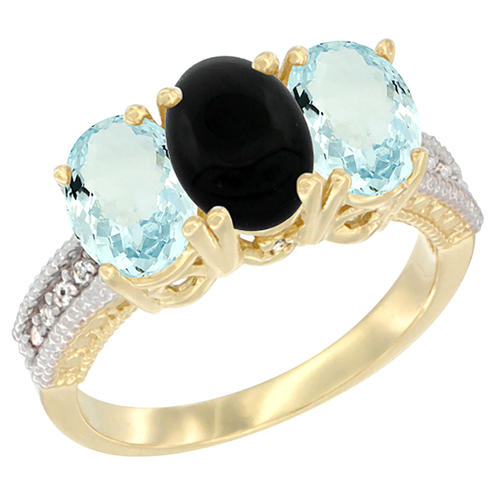 14K Yellow Gold Natural Black Onyx &amp; Aquamarine Sides Ring 3-Stone Oval 7x5 mm Diamond Accent, sizes 5 - 10