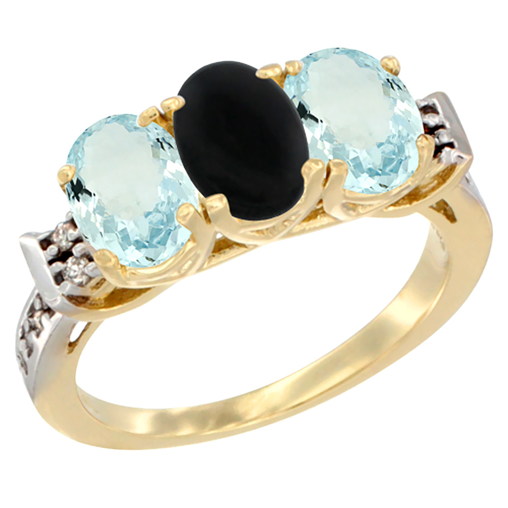 14K Yellow Gold Natural Black Onyx & Aquamarine Sides Ring 3-Stone Oval 7x5 mm Diamond Accent, sizes 5 - 10