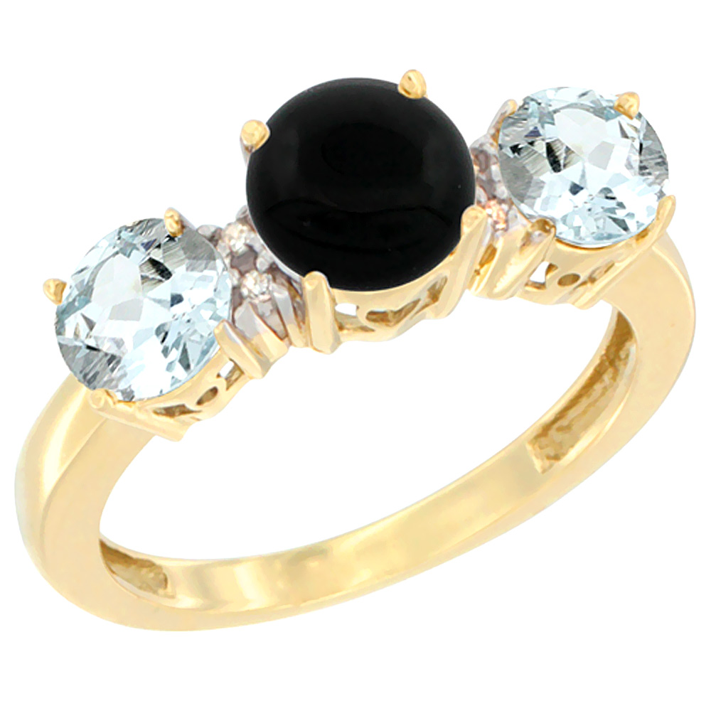 10K Yellow Gold Round 3-Stone Natural Black Onyx Ring &amp; Aquamarine Sides Diamond Accent, sizes 5 - 10