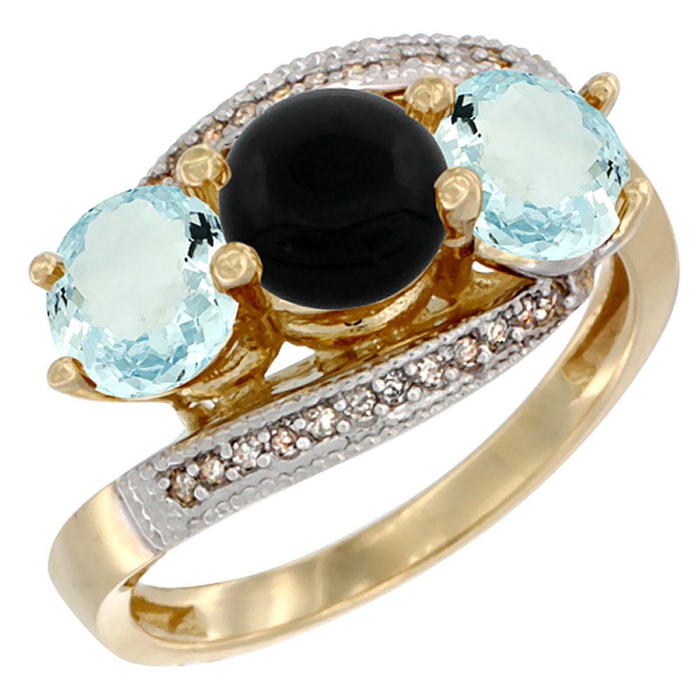 10K Yellow Gold Natural Black Onyx &amp; Aquamarine Sides 3 stone Ring Round 6mm Diamond Accent, sizes 5 - 10