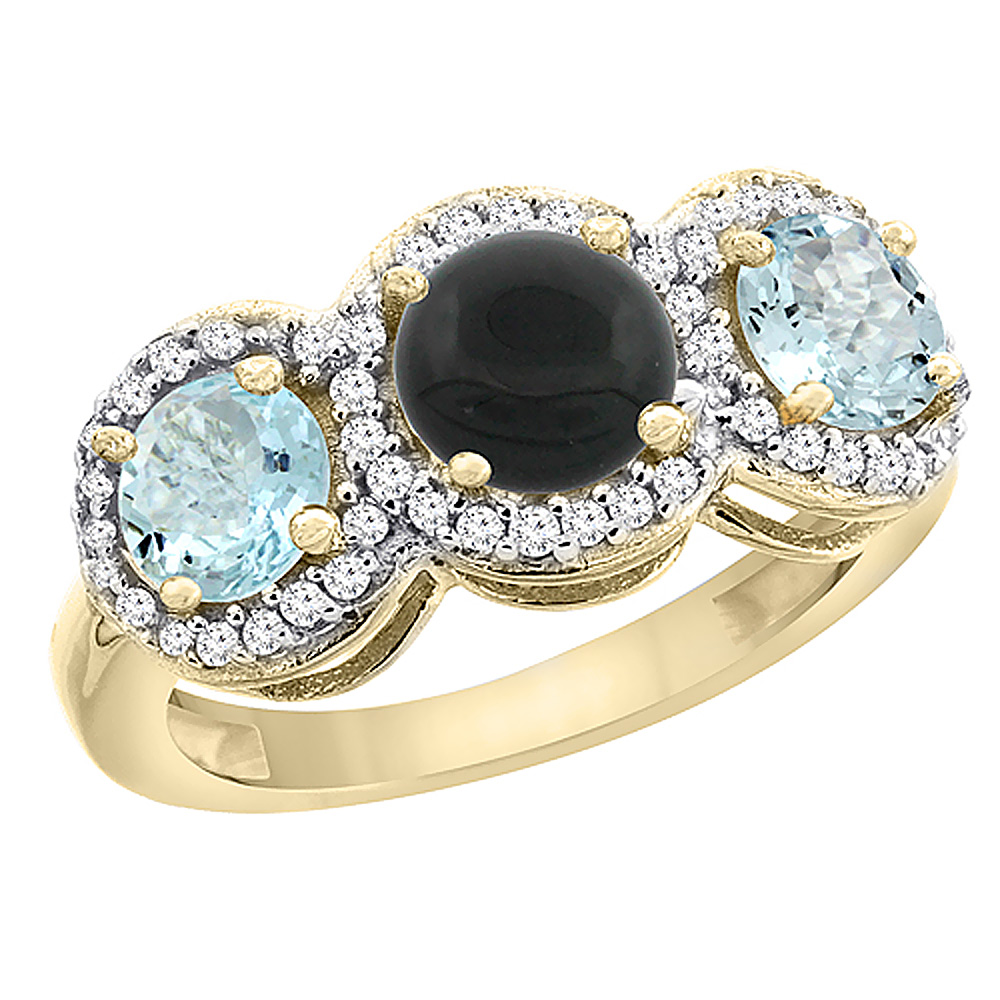 10K Yellow Gold Natural Black Onyx &amp; Aquamarine Sides Round 3-stone Ring Diamond Accents, sizes 5 - 10