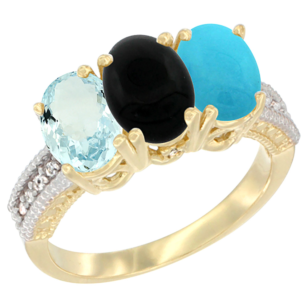 10K Yellow Gold Natural Aquamarine, Black Onyx &amp; Turquoise Ring 3-Stone Oval 7x5 mm, sizes 5 - 10