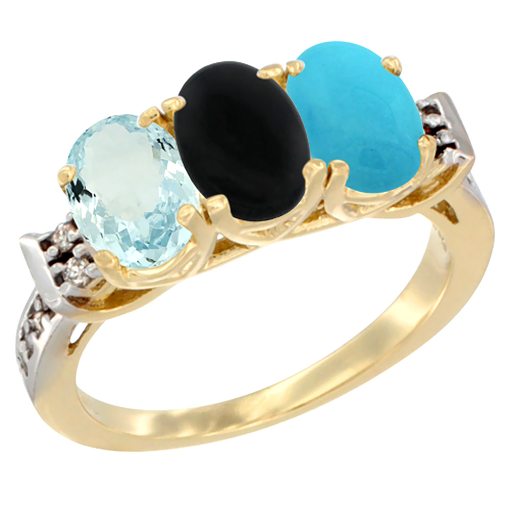 14K Yellow Gold Natural Aquamarine, Black Onyx & Turquoise Ring 3-Stone Oval 7x5 mm Diamond Accent, sizes 5 - 10
