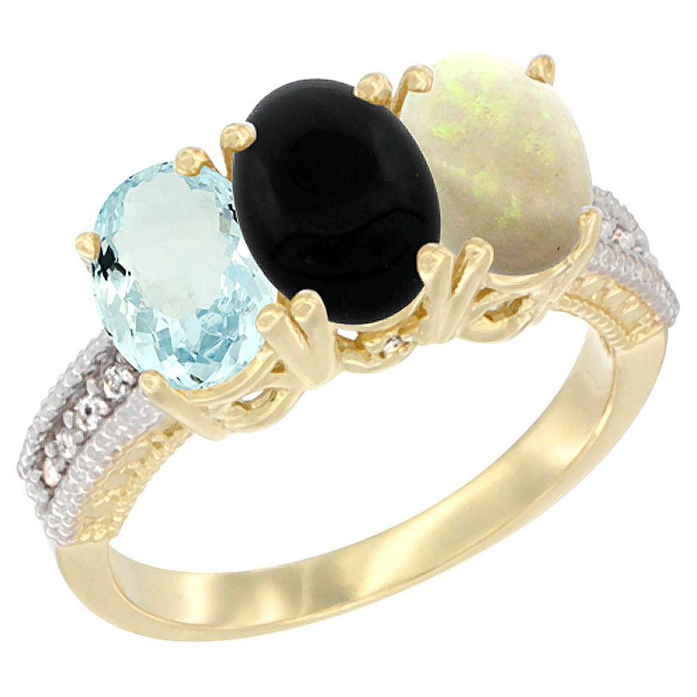 14K Yellow Gold Natural Aquamarine, Black Onyx &amp; Opal Ring 3-Stone Oval 7x5 mm Diamond Accent, sizes 5 - 10