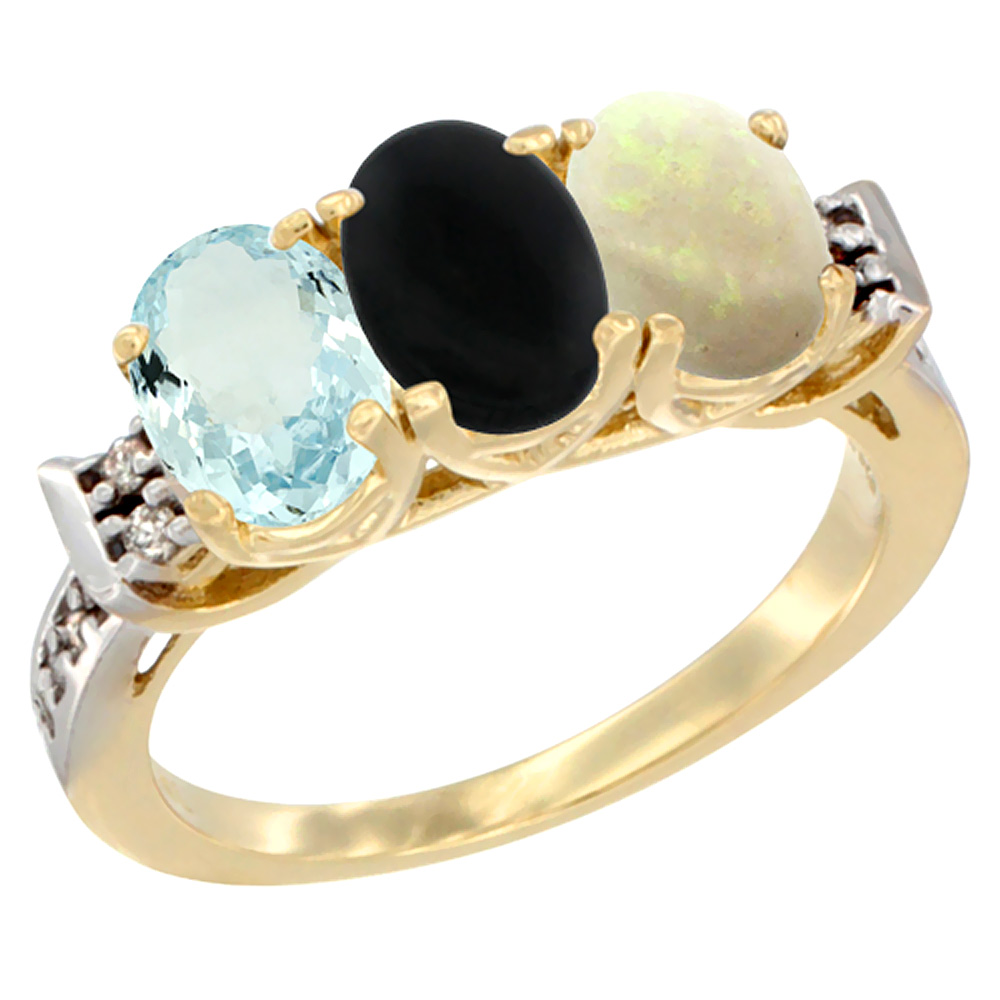 10K Yellow Gold Natural Aquamarine, Black Onyx &amp; Opal Ring 3-Stone Oval 7x5 mm Diamond Accent, sizes 5 - 10