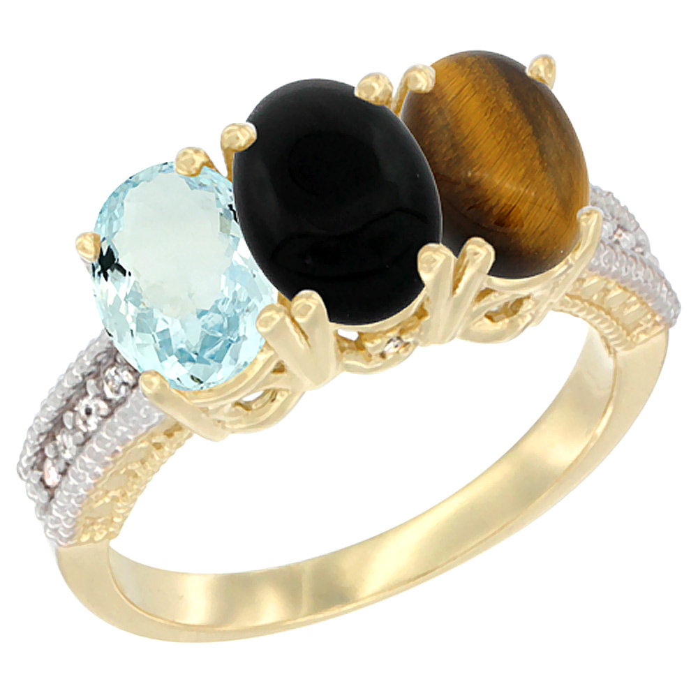 14K Yellow Gold Natural Aquamarine, Black Onyx &amp; Tiger Eye Ring 3-Stone Oval 7x5 mm Diamond Accent, sizes 5 - 10