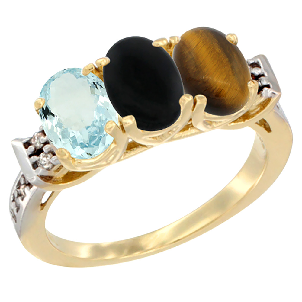 14K Yellow Gold Natural Aquamarine, Black Onyx & Tiger Eye Ring 3-Stone Oval 7x5 mm Diamond Accent, sizes 5 - 10