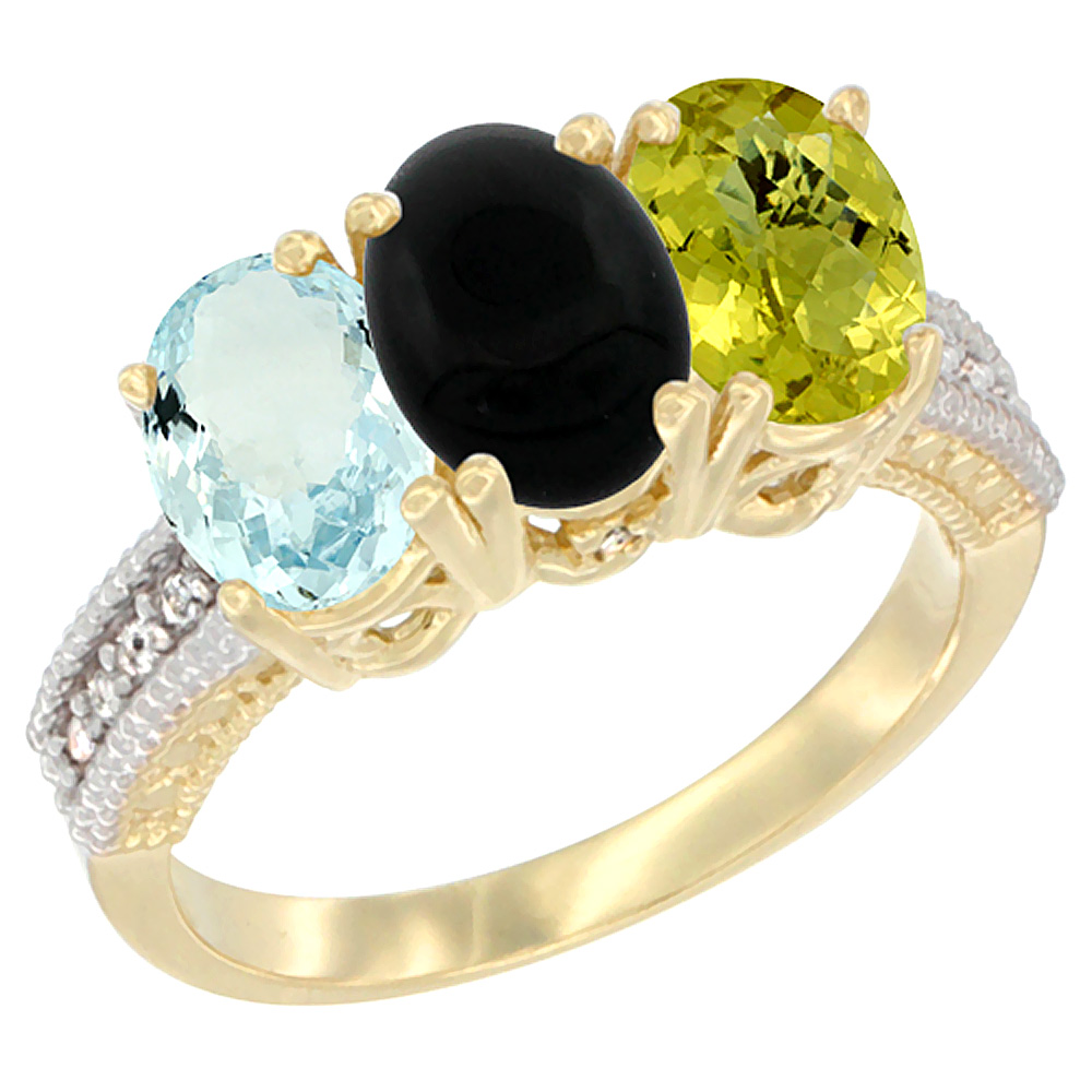 14K Yellow Gold Natural Aquamarine, Black Onyx &amp; Lemon Quartz Ring 3-Stone Oval 7x5 mm Diamond Accent, sizes 5 - 10