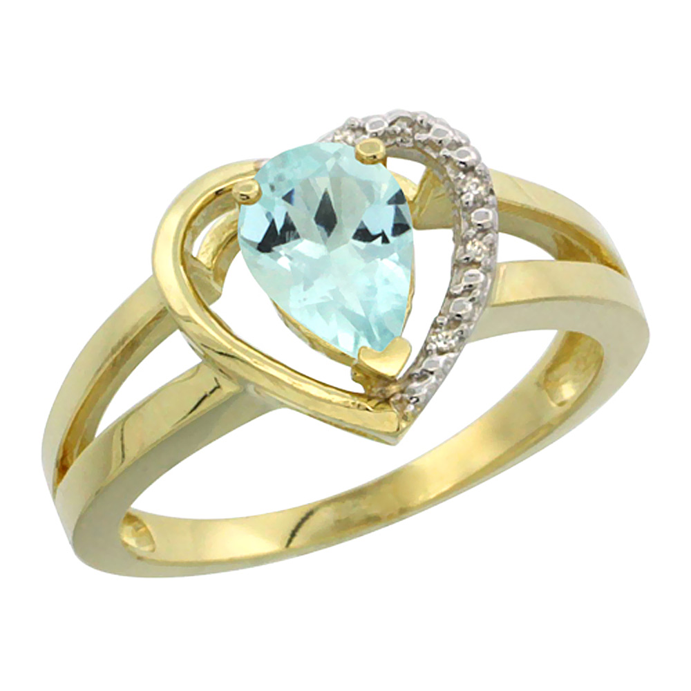 14K Yellow Gold Natural Aquamarine Heart Ring Pear 7x5 mm Diamond Accent, sizes 5-10