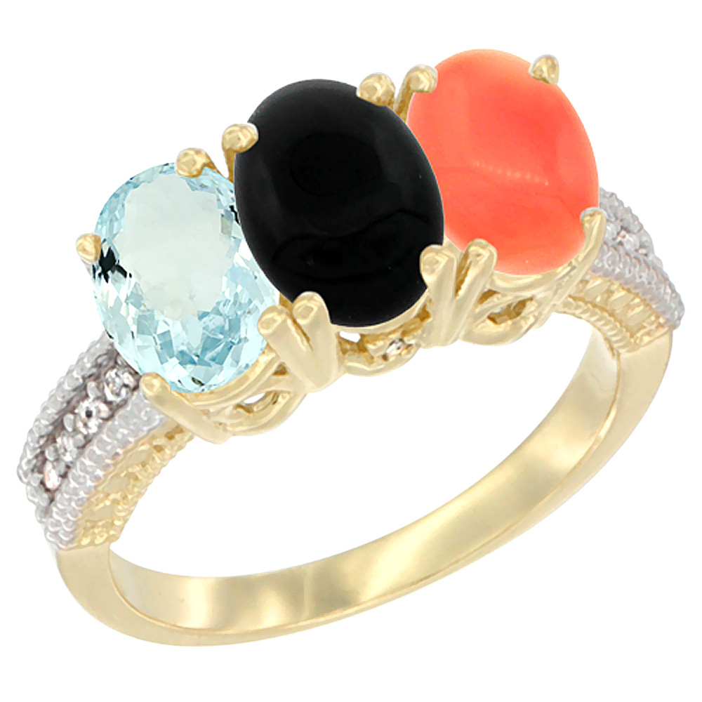 10K Yellow Gold Natural Aquamarine, Black Onyx &amp; Coral Ring 3-Stone Oval 7x5 mm, sizes 5 - 10