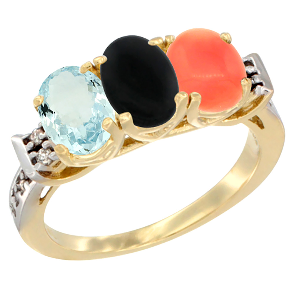 10K Yellow Gold Natural Aquamarine, Black Onyx & Coral Ring 3-Stone Oval 7x5 mm Diamond Accent, sizes 5 - 10
