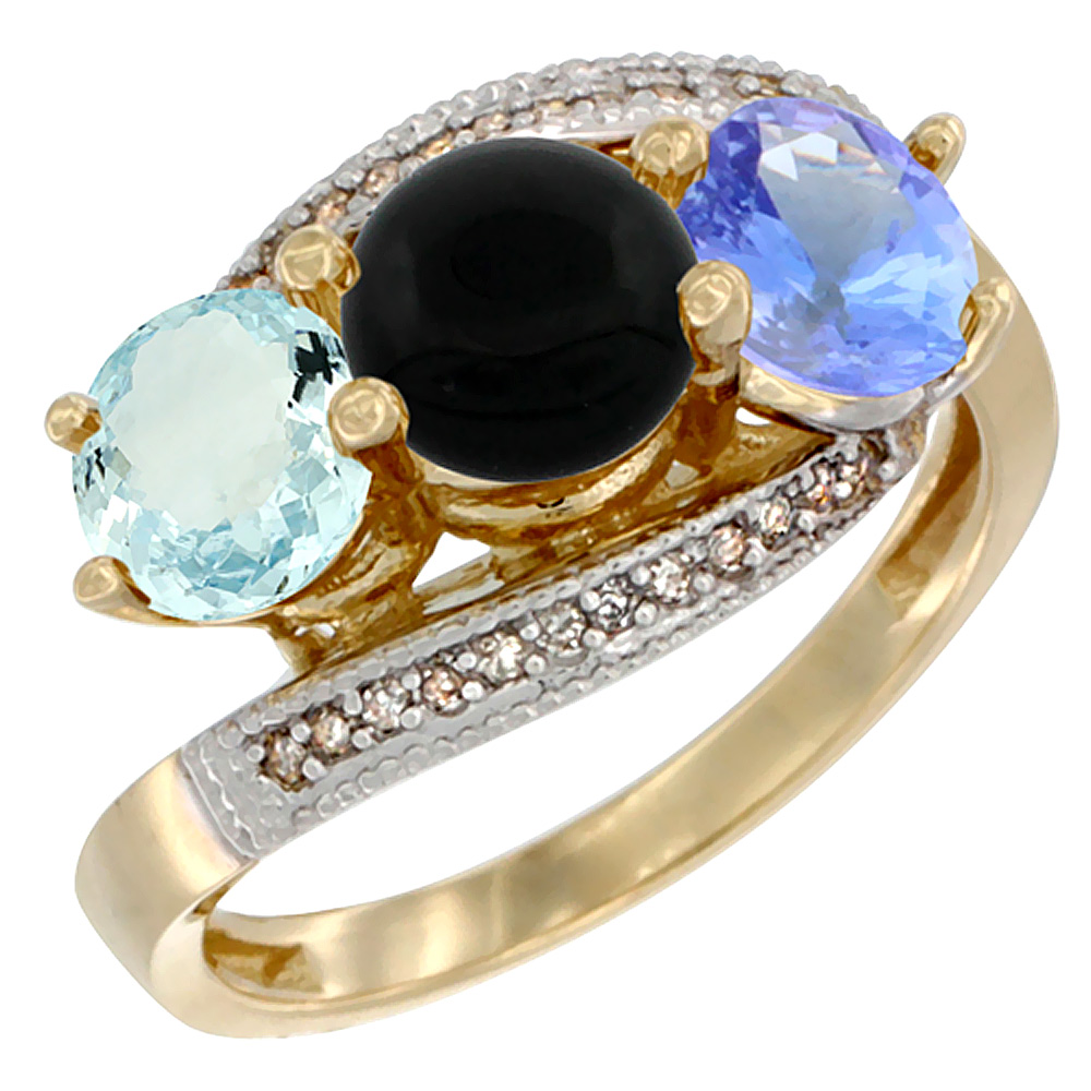 10K Yellow Gold Natural Aquamarine, Black Onyx &amp; Tanzanite 3 stone Ring Round 6mm Diamond Accent, sizes 5 - 10