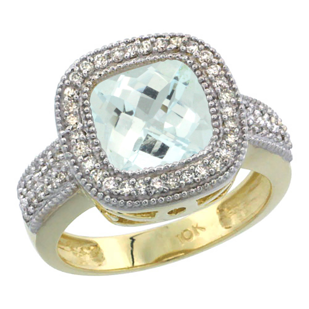 10K Yellow Gold Natural Aquamarine Ring Diamond Accent, Cushion-cut 9x9mm Diamond Accent, sizes 5-10