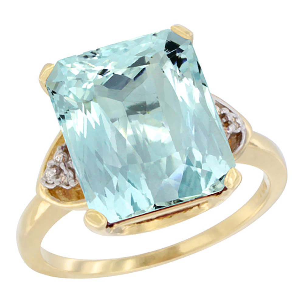10K Yellow Gold Diamond Natural Aquamarine Ring Octagon 12x10 mm, sizes 5-10