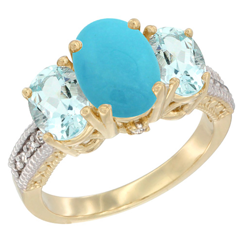 14K Yellow Gold Diamond Natural Turquoise Ring 3-Stone Oval 8x6mm with Aquamarine, sizes5-10