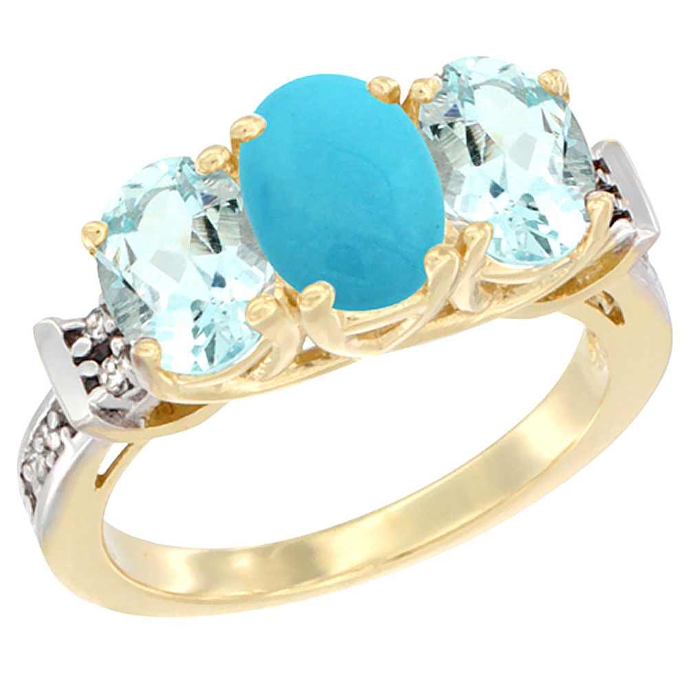 10K Yellow Gold Natural Turquoise &amp; Aquamarine Sides Ring 3-Stone Oval Diamond Accent, sizes 5 - 10
