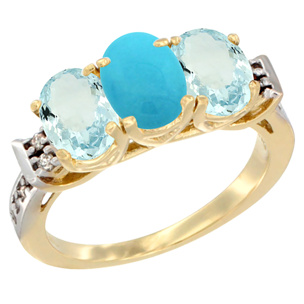 14K Yellow Gold Natural Turquoise & Aquamarine Sides Ring 3-Stone Oval 7x5 mm Diamond Accent, sizes 5 - 10