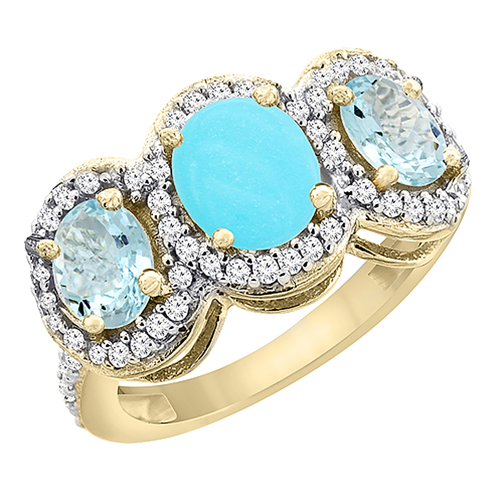 14K Yellow Gold Natural Turquoise &amp; Aquamarine 3-Stone Ring Oval Diamond Accent, sizes 5 - 10