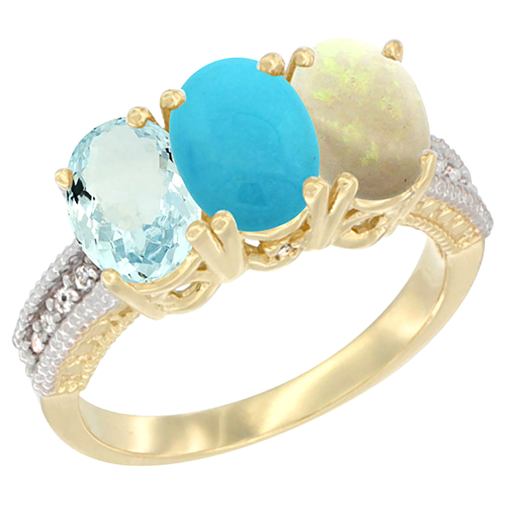 14K Yellow Gold Natural Aquamarine, Turquoise & Opal Ring 3-Stone Oval 7x5 mm Diamond Accent, sizes 5 - 10