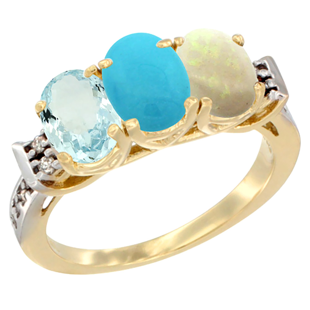10K Yellow Gold Natural Aquamarine, Turquoise & Opal Ring 3-Stone Oval 7x5 mm Diamond Accent, sizes 5 - 10