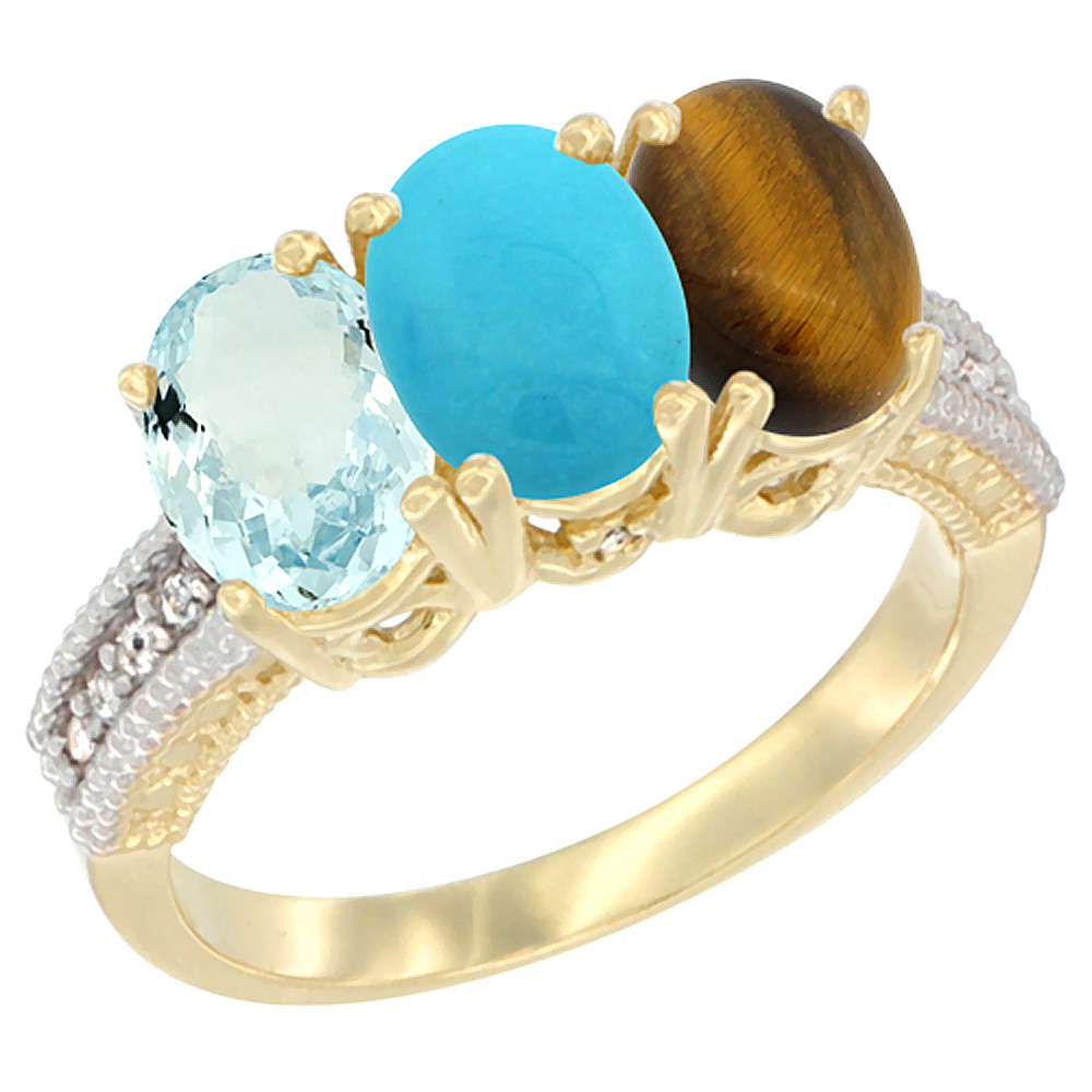 14K Yellow Gold Natural Aquamarine, Turquoise &amp; Tiger Eye Ring 3-Stone Oval 7x5 mm Diamond Accent, sizes 5 - 10