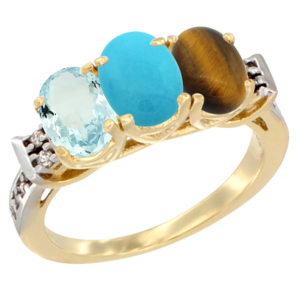14K Yellow Gold Natural Aquamarine, Turquoise &amp; Tiger Eye Ring 3-Stone Oval 7x5 mm Diamond Accent, sizes 5 - 10