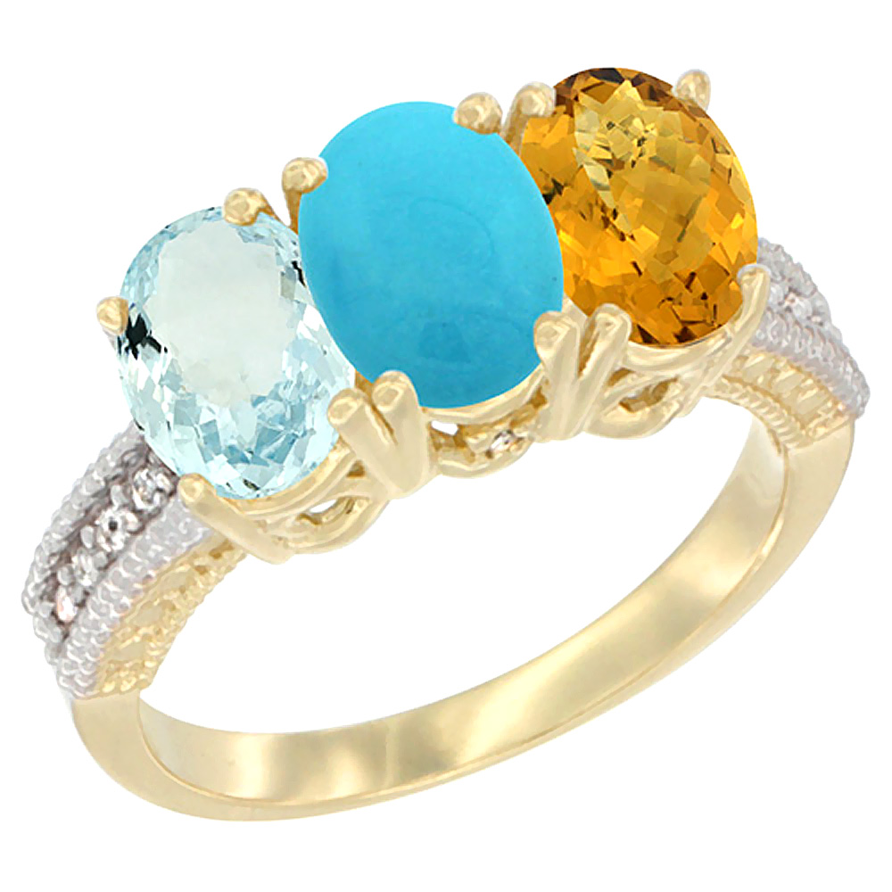 14K Yellow Gold Natural Aquamarine, Turquoise &amp; Whisky Quartz Ring 3-Stone Oval 7x5 mm Diamond Accent, sizes 5 - 10