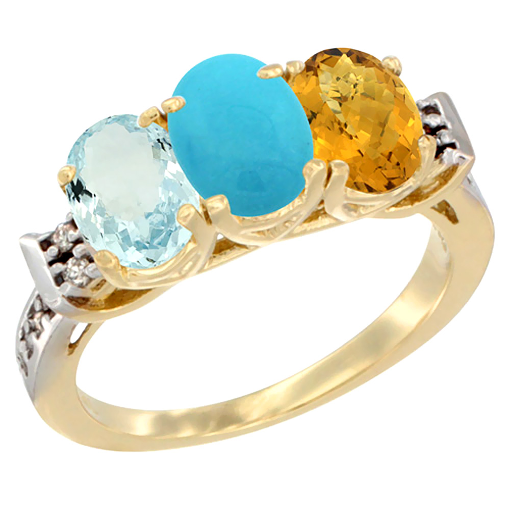 10K Yellow Gold Natural Aquamarine, Turquoise & Whisky Quartz Ring 3-Stone Oval 7x5 mm Diamond Accent, sizes 5 - 10