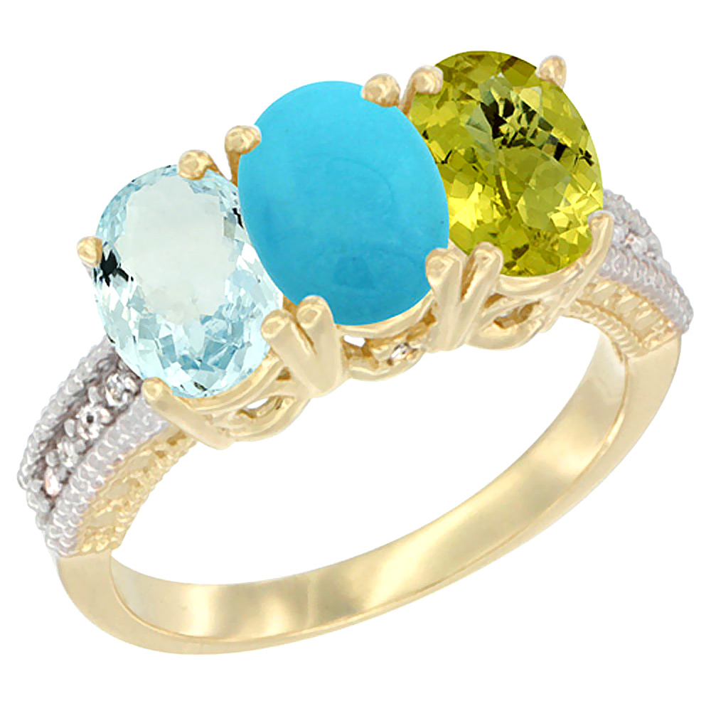 10K Yellow Gold Natural Aquamarine, Turquoise &amp; Lemon Quartz Ring 3-Stone Oval 7x5 mm, sizes 5 - 10
