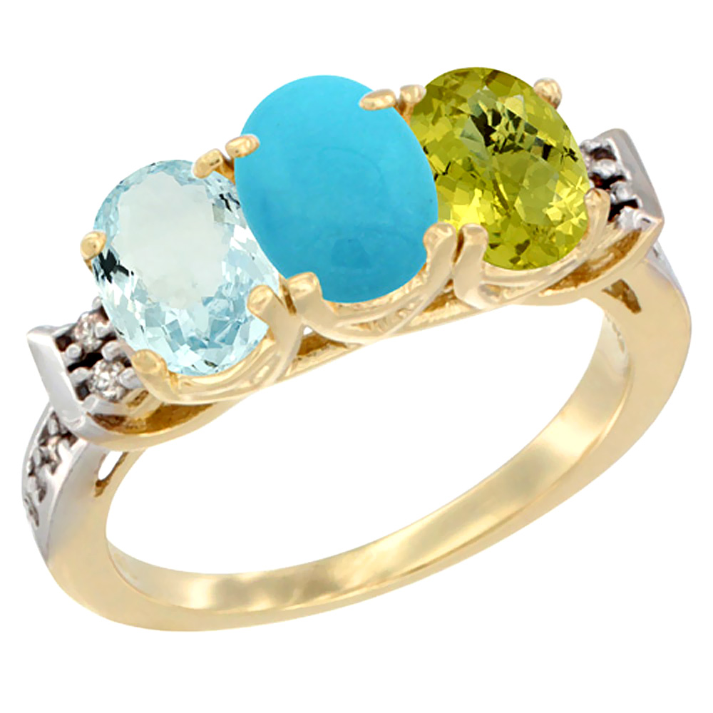 14K Yellow Gold Natural Aquamarine, Turquoise &amp; Lemon Quartz Ring 3-Stone Oval 7x5 mm Diamond Accent, sizes 5 - 10