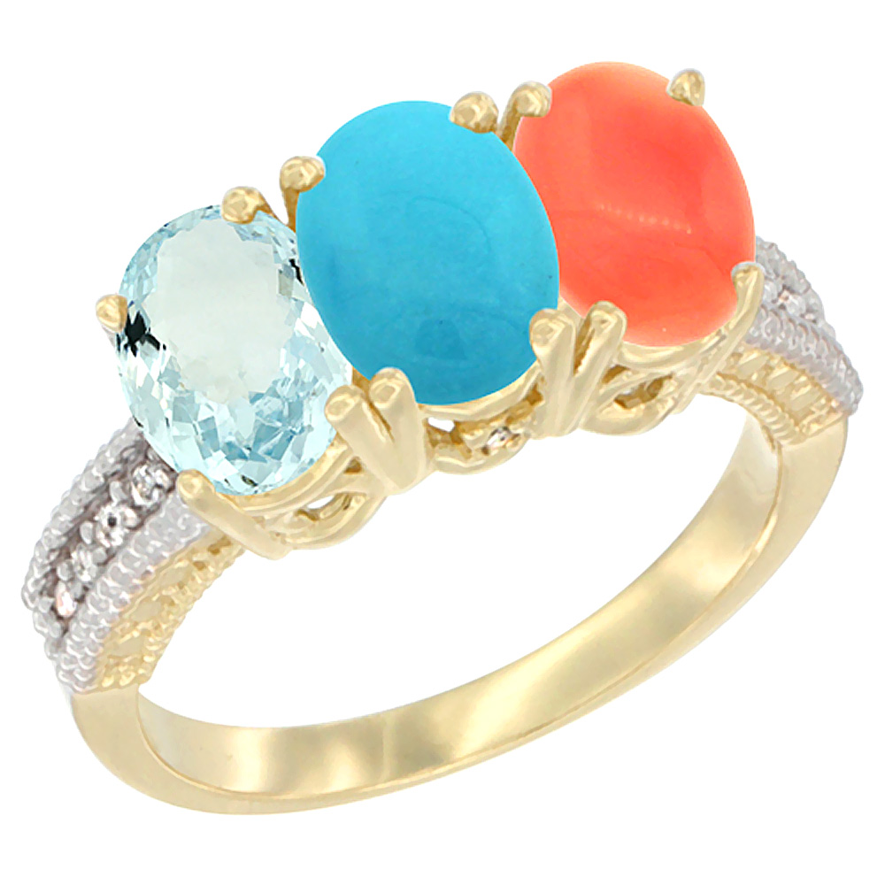 14K Yellow Gold Natural Aquamarine, Turquoise &amp; Coral Ring 3-Stone Oval 7x5 mm Diamond Accent, sizes 5 - 10