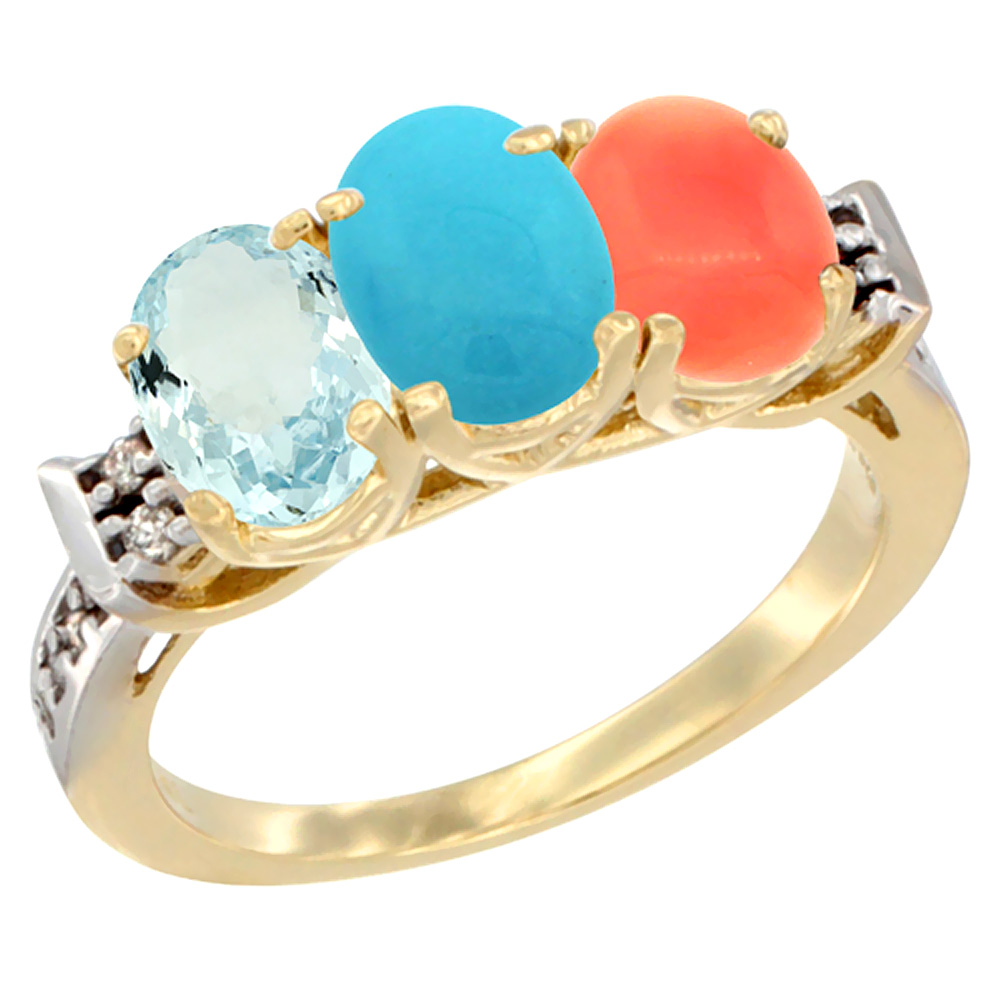 10K Yellow Gold Natural Aquamarine, Turquoise &amp; Coral Ring 3-Stone Oval 7x5 mm Diamond Accent, sizes 5 - 10