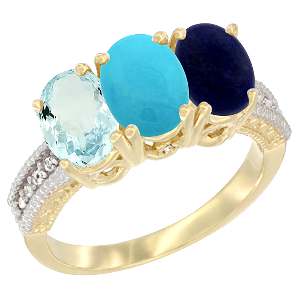 14K Yellow Gold Natural Aquamarine, Turquoise &amp; Lapis Ring 3-Stone Oval 7x5 mm Diamond Accent, sizes 5 - 10