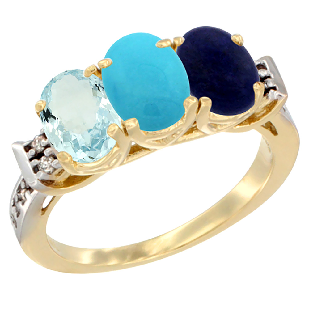 14K Yellow Gold Natural Aquamarine, Turquoise & Lapis Ring 3-Stone Oval 7x5 mm Diamond Accent, sizes 5 - 10
