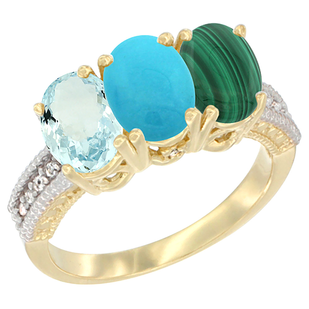 14K Yellow Gold Natural Aquamarine, Turquoise & Malachite Ring 3-Stone Oval 7x5 mm Diamond Accent, sizes 5 - 10