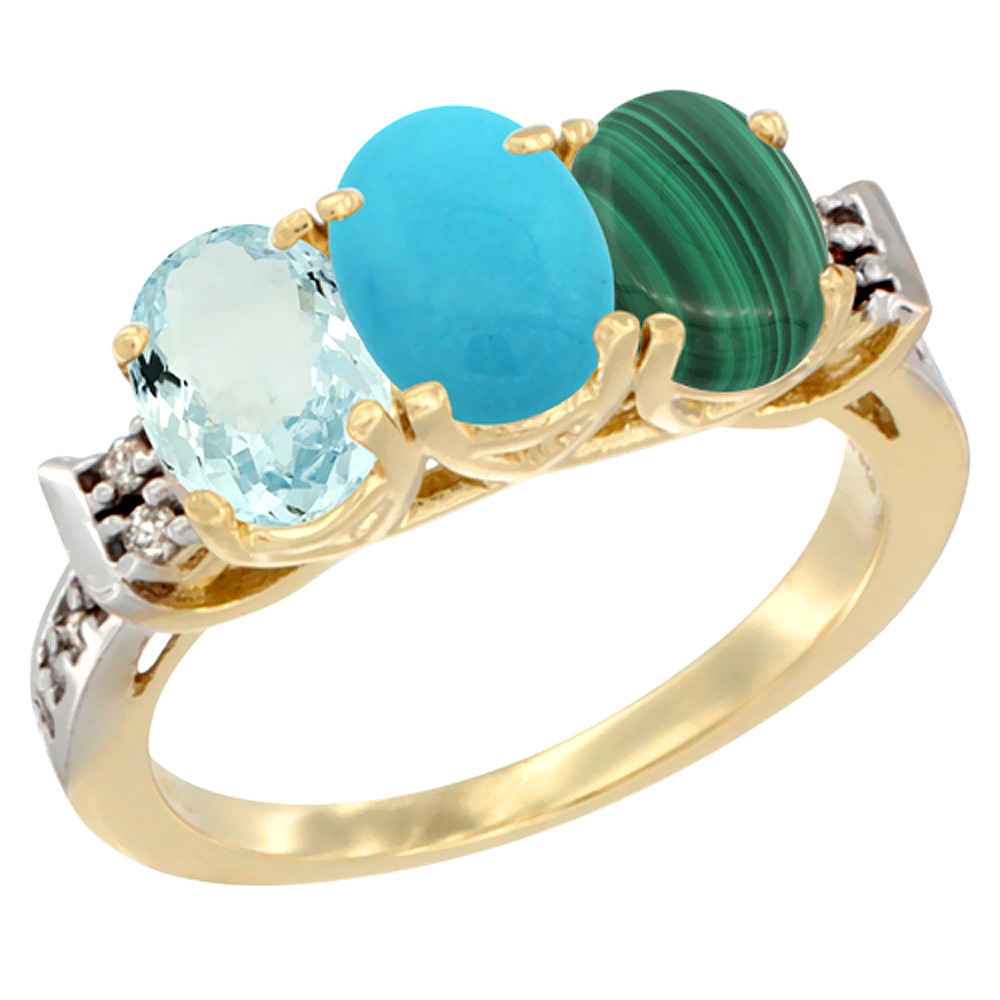 10K Yellow Gold Natural Aquamarine, Turquoise & Malachite Ring 3-Stone Oval 7x5 mm Diamond Accent, sizes 5 - 10