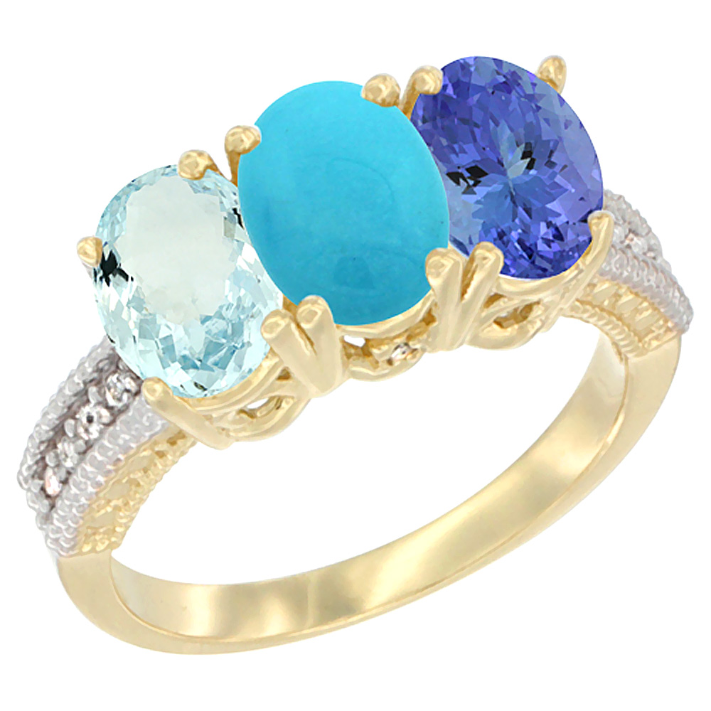 14K Yellow Gold Natural Aquamarine, Turquoise & Tanzanite Ring 3-Stone Oval 7x5 mm Diamond Accent, sizes 5 - 10