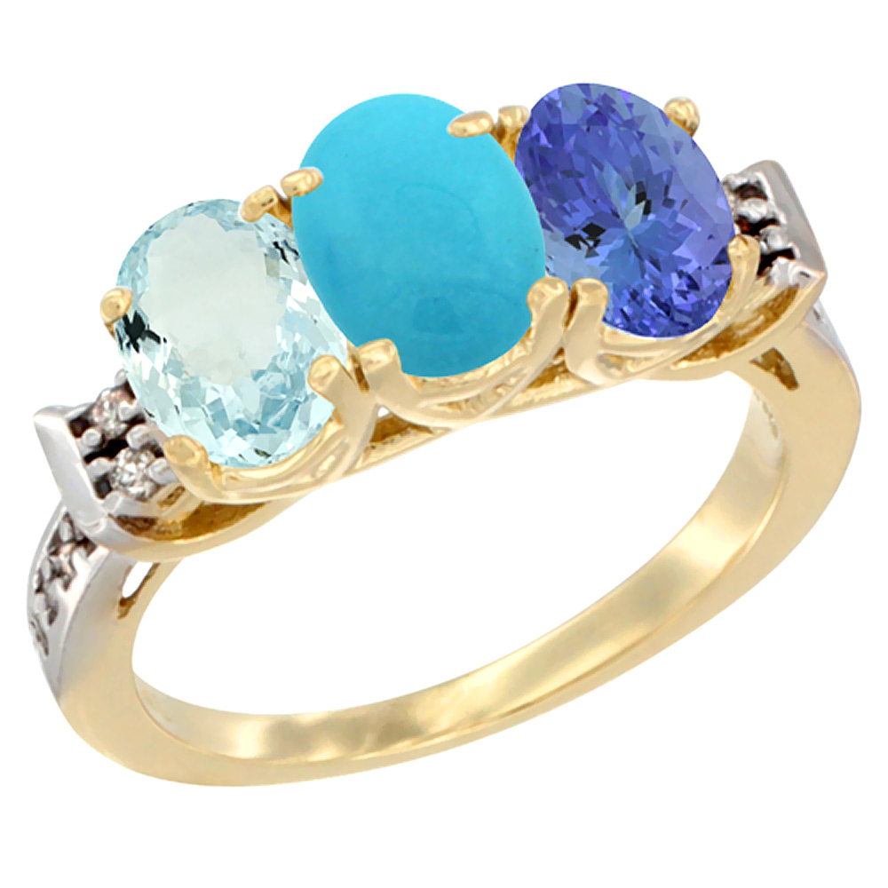 10K Yellow Gold Natural Aquamarine, Turquoise & Tanzanite Ring 3-Stone Oval 7x5 mm Diamond Accent, sizes 5 - 10