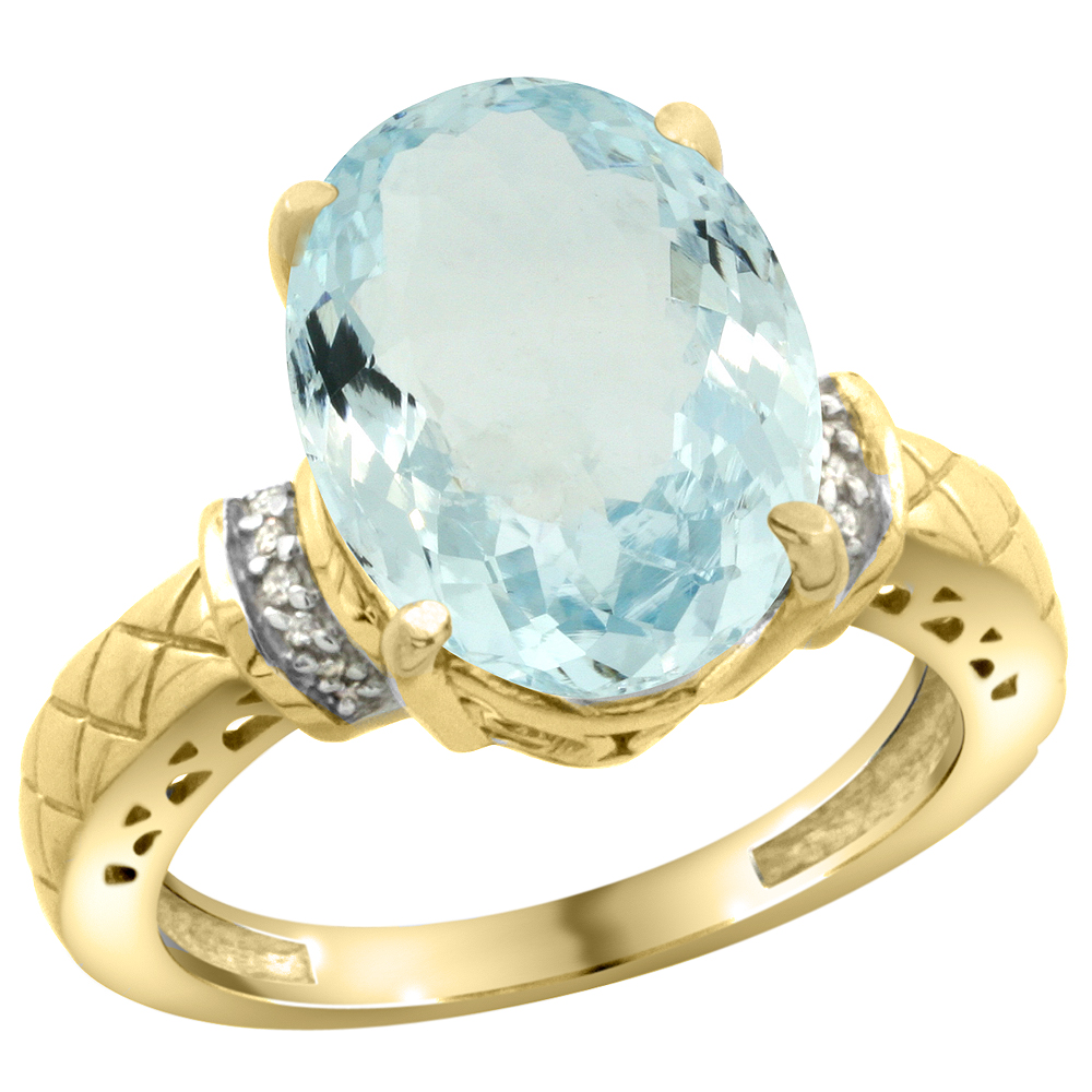 14K Yellow Gold Diamond Natural Aquamarine Ring Oval 14x10mm, sizes 5-10