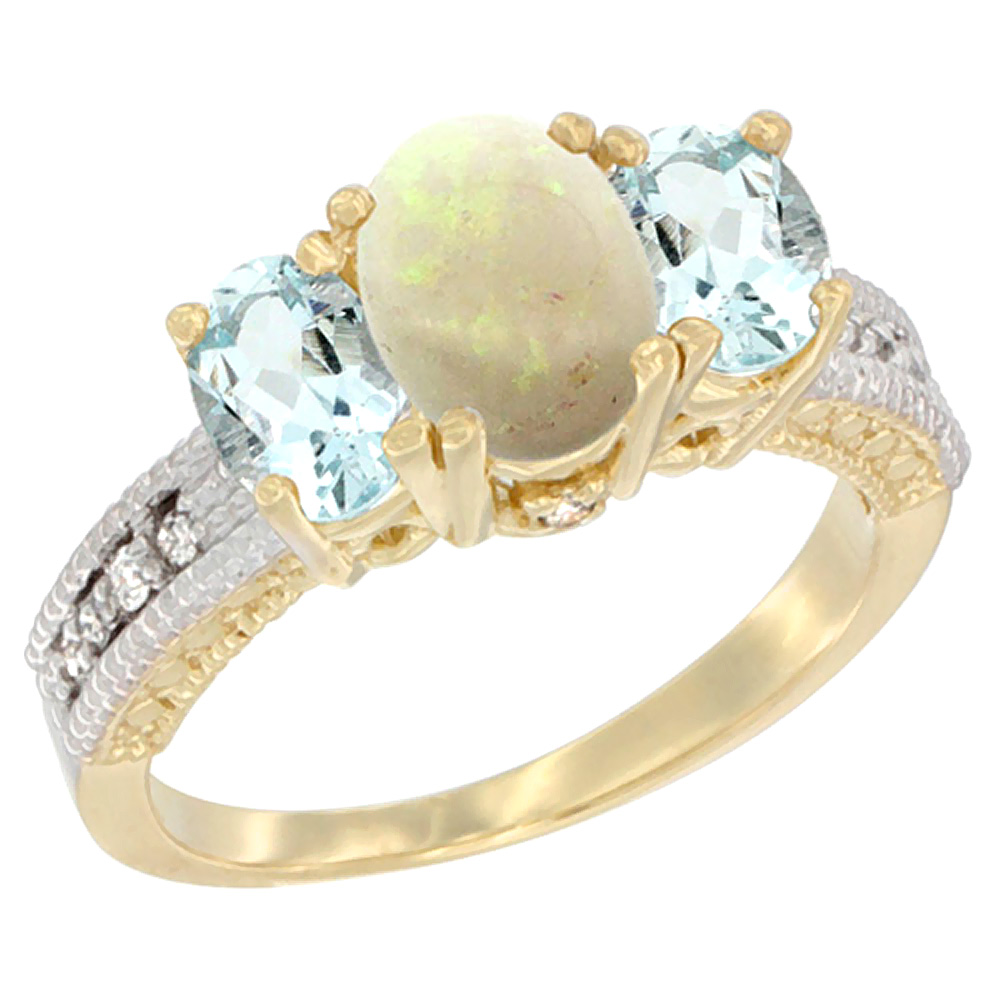 10K Yellow Gold Diamond Natural Opal Ring Oval 3-stone with Aquamarine, sizes 5 - 10
