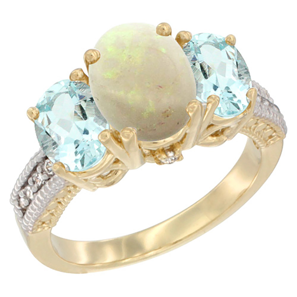 14K Yellow Gold Diamond Natural Opal Ring 3-Stone Oval 8x6mm with Aquamarine, sizes5-10