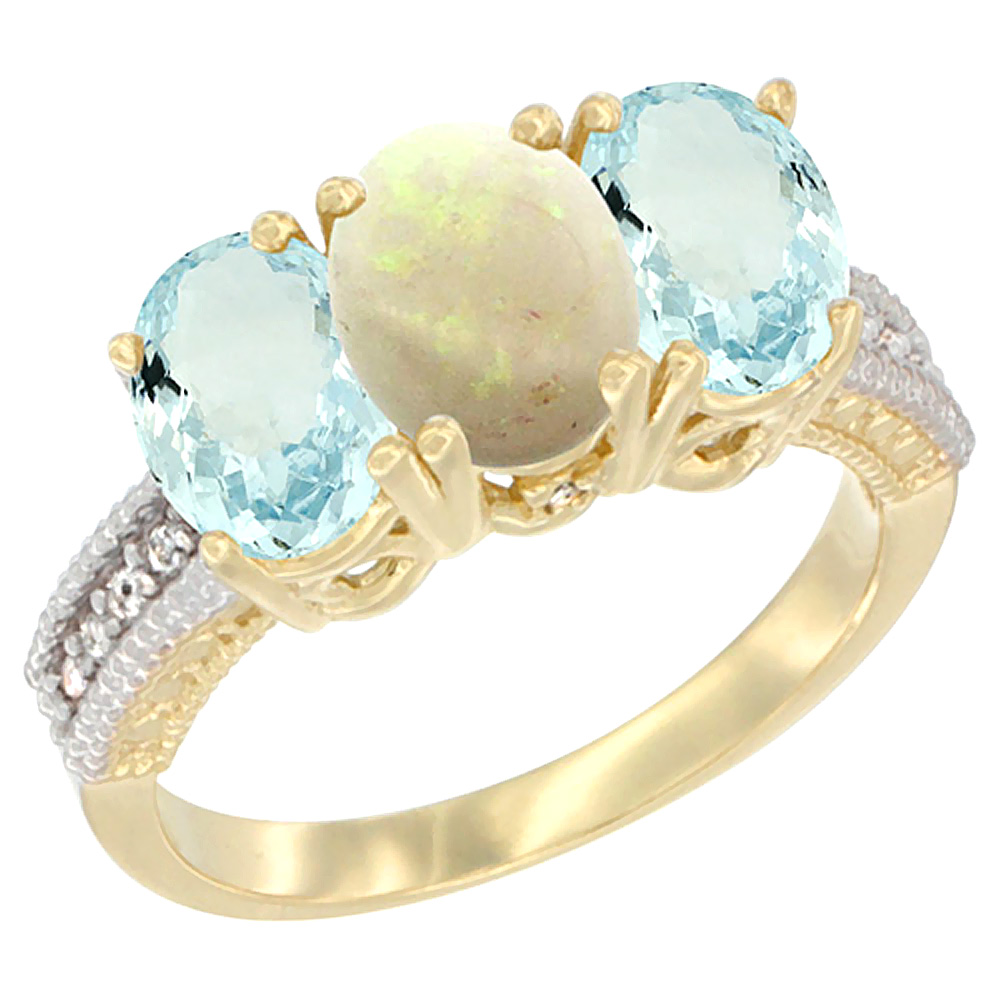 14K Yellow Gold Natural Opal &amp; Aquamarine Sides Ring 3-Stone Oval 7x5 mm Diamond Accent, sizes 5 - 10