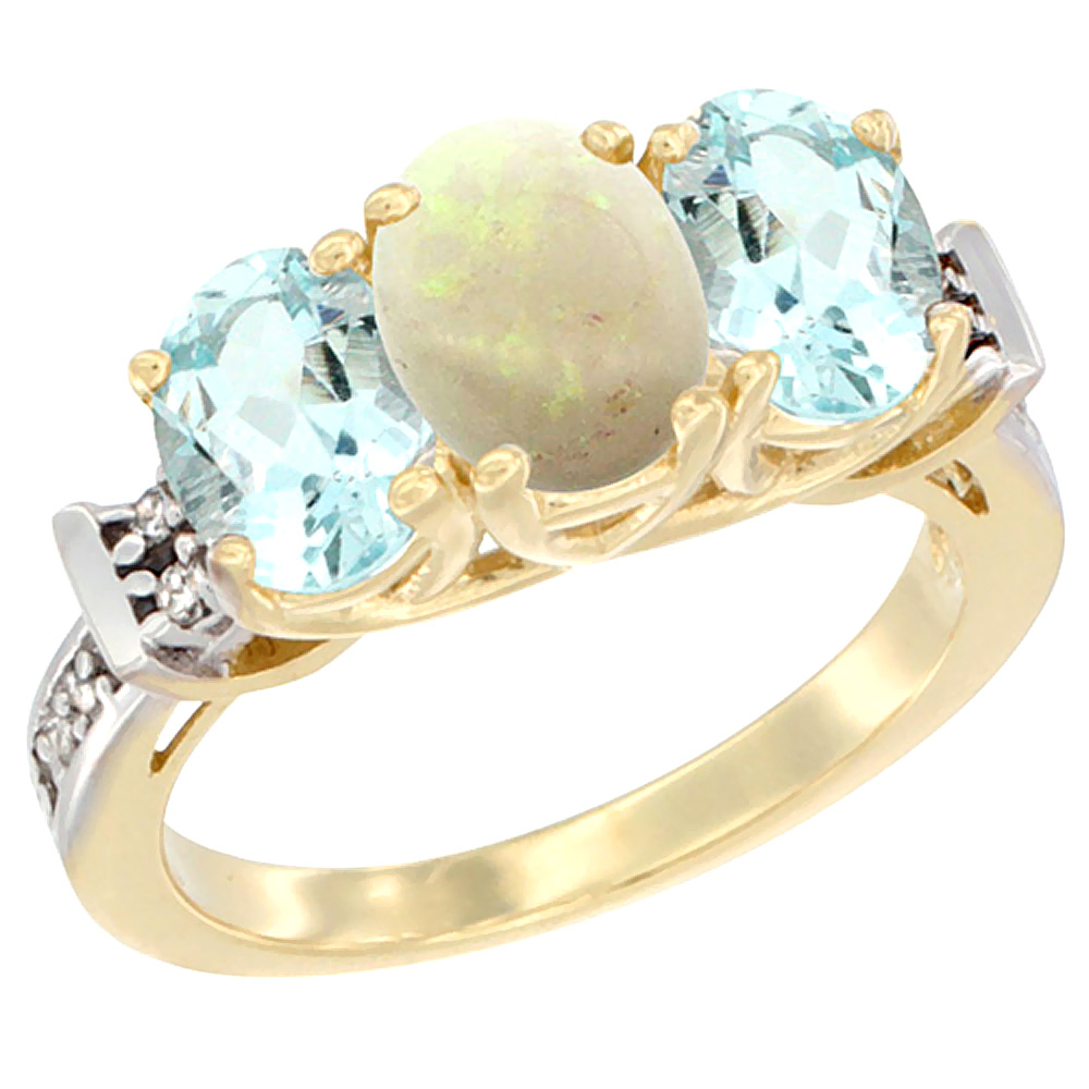 10K Yellow Gold Natural Opal & Aquamarine Sides Ring 3-Stone Oval Diamond Accent, sizes 5 - 10