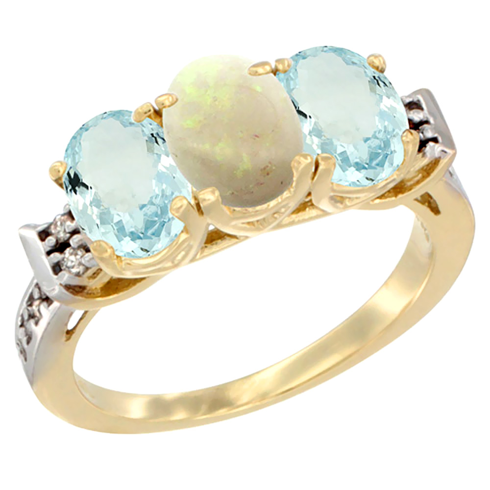 10K Yellow Gold Natural Opal & Aquamarine Sides Ring 3-Stone Oval 7x5 mm Diamond Accent, sizes 5 - 10