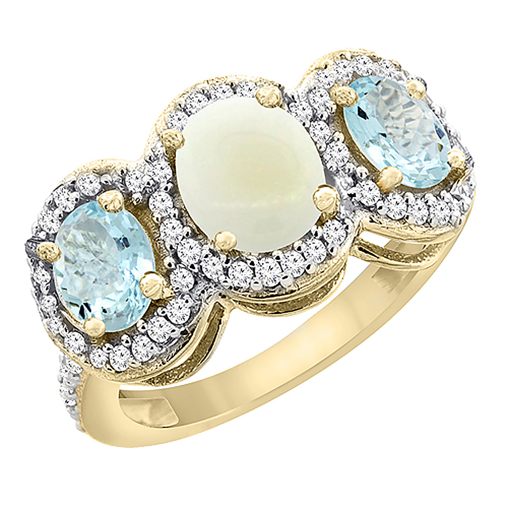 14K Yellow Gold Natural Opal &amp; Aquamarine 3-Stone Ring Oval Diamond Accent, sizes 5 - 10