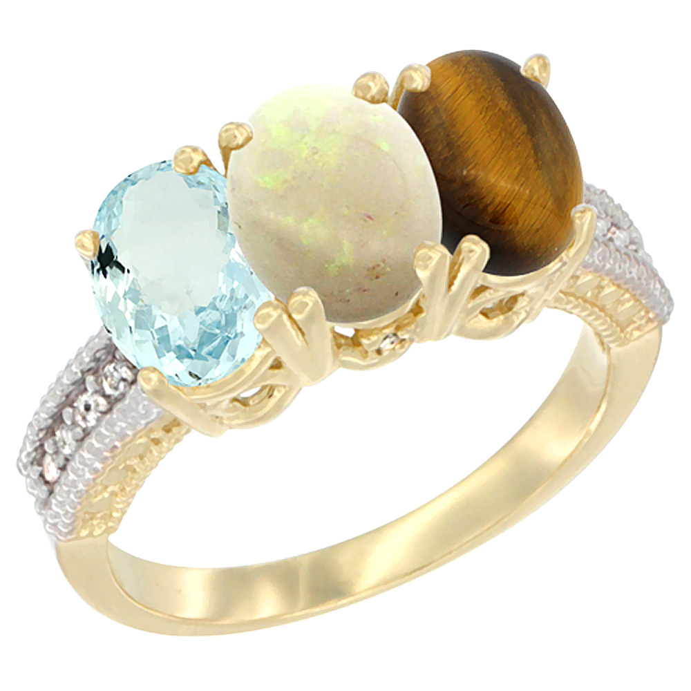 14K Yellow Gold Natural Aquamarine, Opal &amp; Tiger Eye Ring 3-Stone Oval 7x5 mm Diamond Accent, sizes 5 - 10